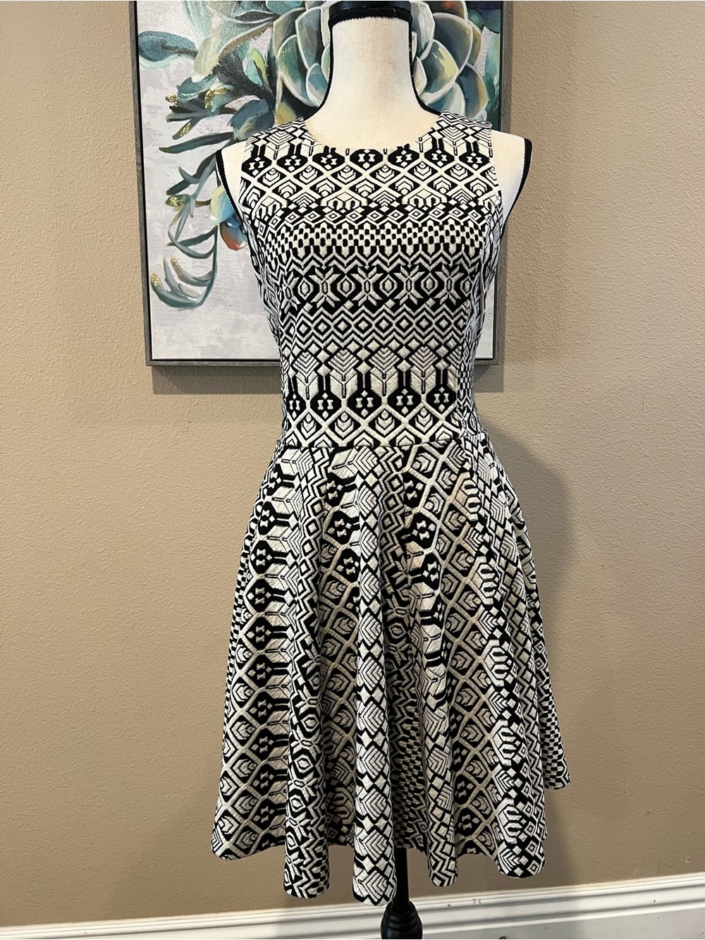 Sleeveless Black and Cream Patterned Fit-and-Flare Dress